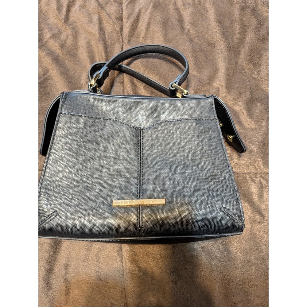 Steve Madden Black Saffiano Satchel Handbag Gold Tone Hardware Top Handle Bag - Picture 2 of 5